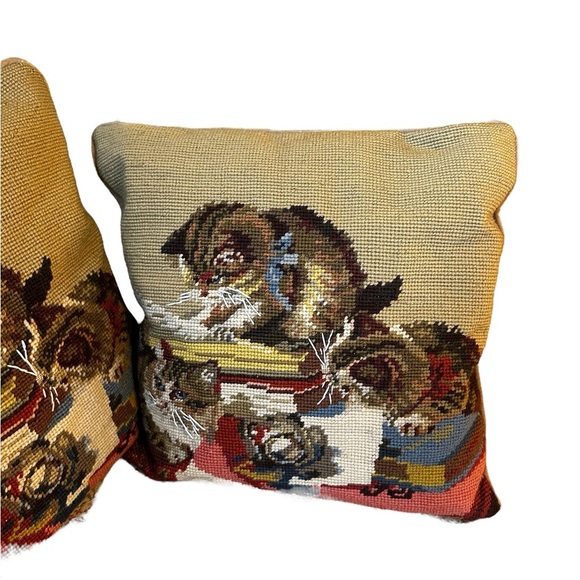 Set Of 2 Kittens Cat Tapestry Pillows 12x13” Decorative Needlepoint Vintage - Picture 3 of 11